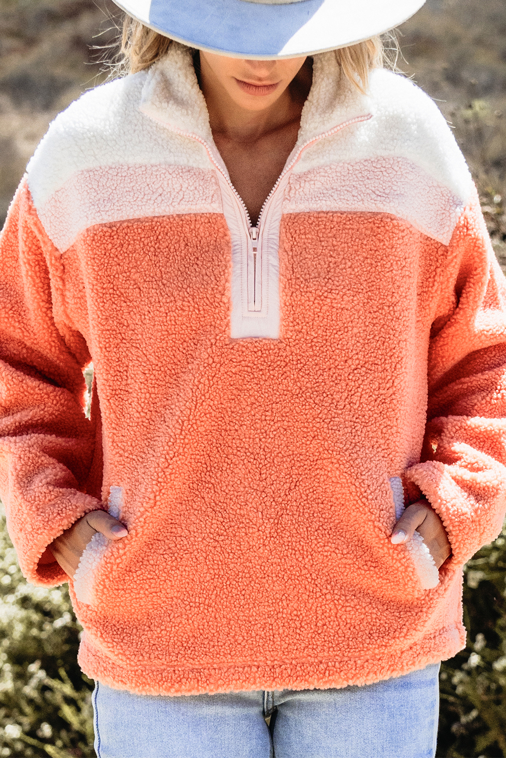 Orange Colorblock Half Zipper Stand Neck Sherpa Sweatshirt - Image 7