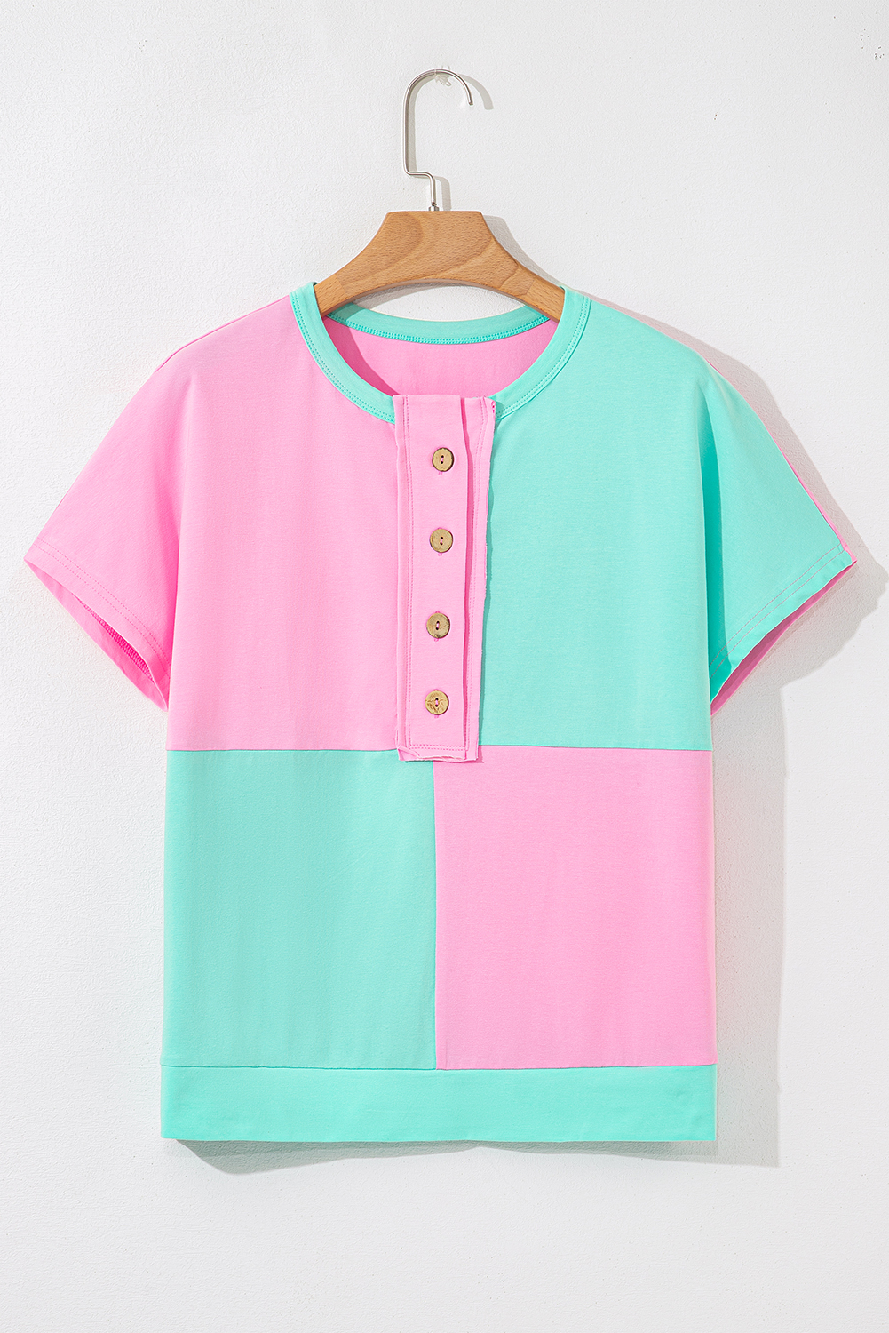 Mint Green Two Tone Half Buttons Collared T Shirt - Image 5