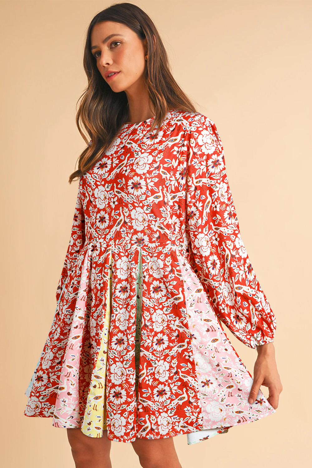Red Colorful Floral Patchwork Long Sleeve Pleated Mini Dress - Image 3