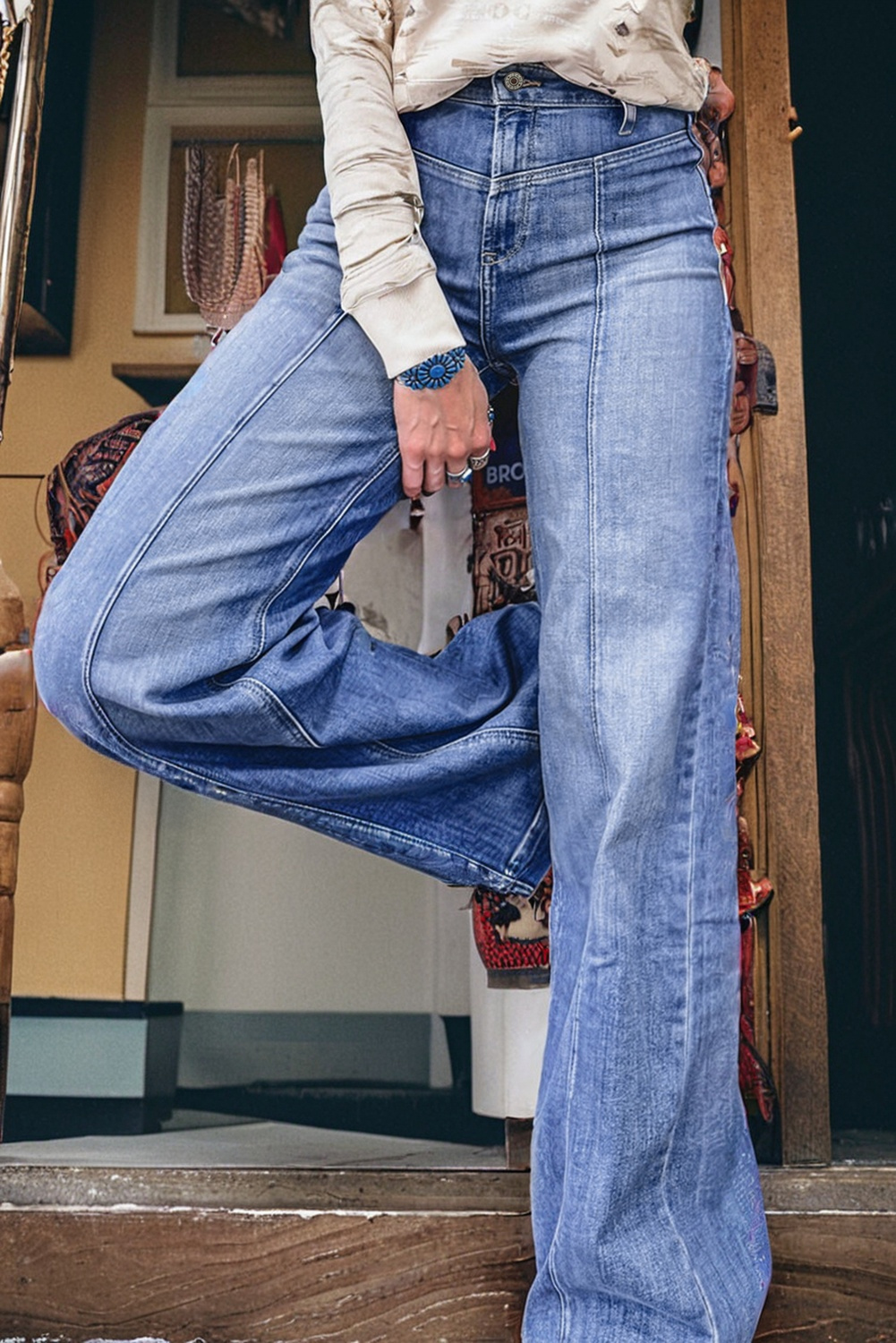 Beau Blue Tailored Center Seam Detail Straight Loose High Rise Jeans - Image 3