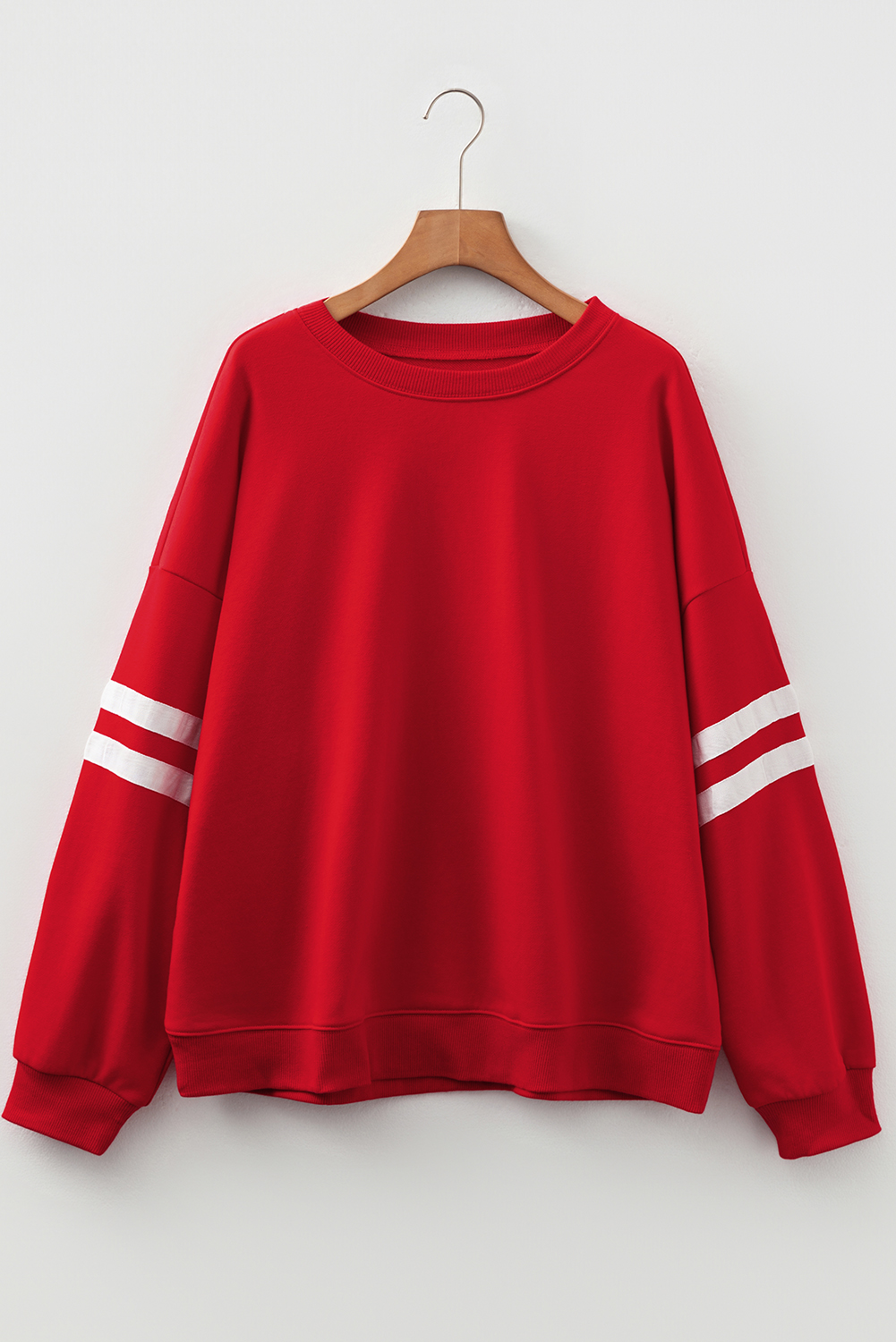 Fiery Red Varsity Striped Detail Crew Neck Plus Sweatshirt - Image 8