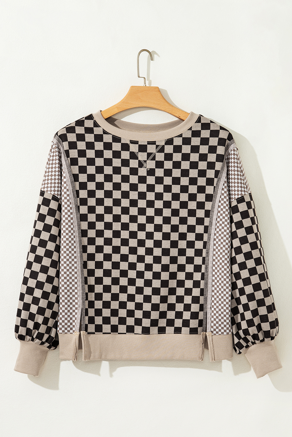 Khaki Mixed Checkered Pattern Patchwork High Low Casual Top - Image 3