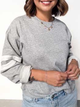 Light Grey Varsity Striped Detail Crew Neck Plus Sweatshirt