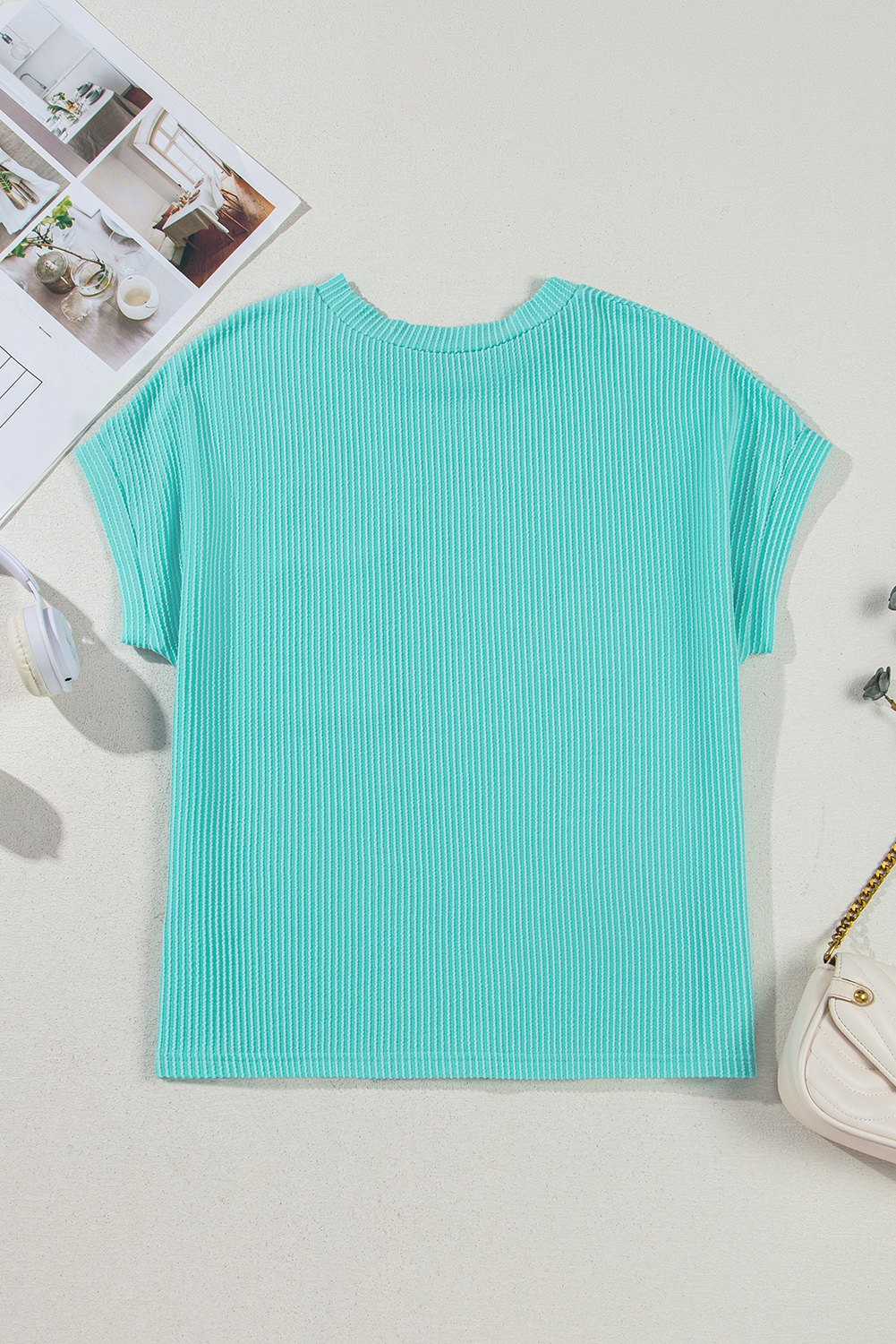 Light Blue Corded Knit Color Block Pocketed Crew Neck T Shirt - Image 8