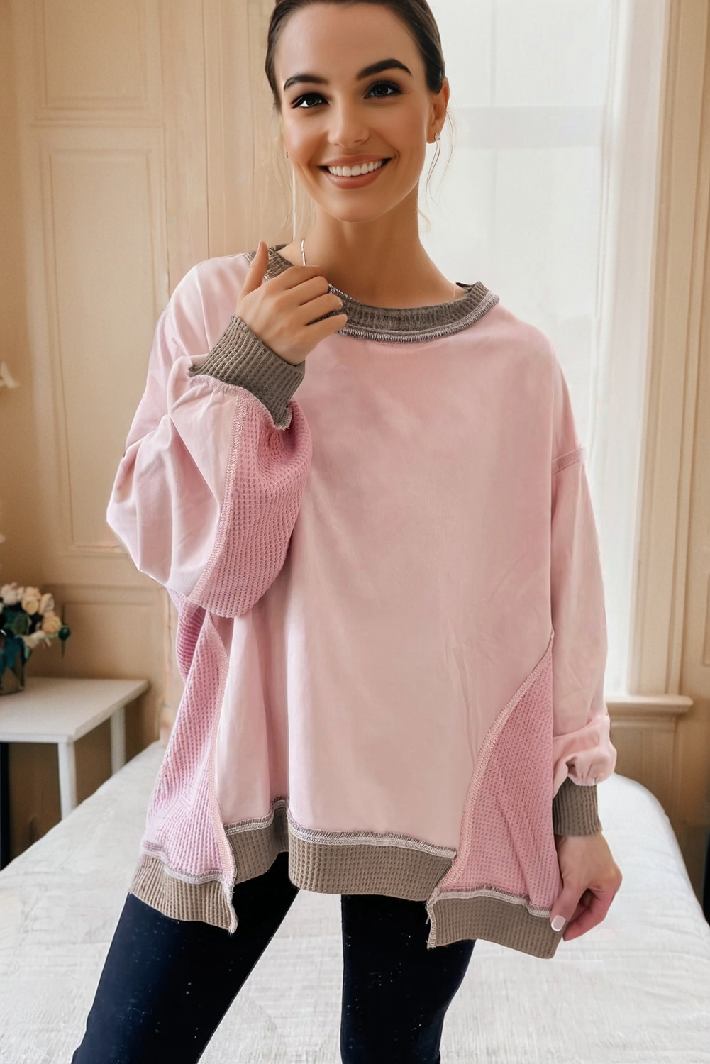 Light Pink Color Block Mix Texture Waffle Patchwork Oversize Sweatshirt - Image 2