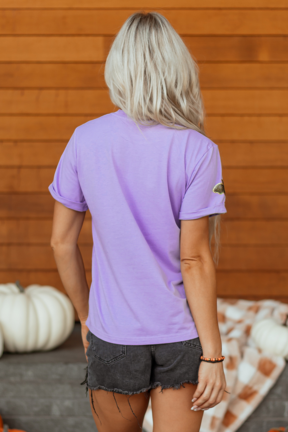 Wisteria Sequin Halloween Bat Patched Casual T Shirt - Image 2