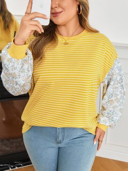 Yellow Stripe Striped Contrast Floral Sleeve Patchwork Plus Size Loose Top