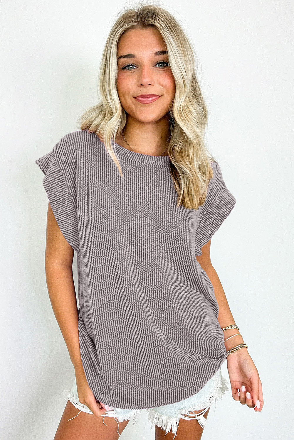 Gray Twisted Rib Wide Sleeve Crew Neck T Shirt - Image 3