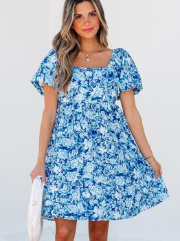 Blue Floral Puff Sleeve Babydoll Mini Dress