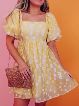 Yellow Boho Flower Jacquard Puff Sleeve Square Neck Mini Dress