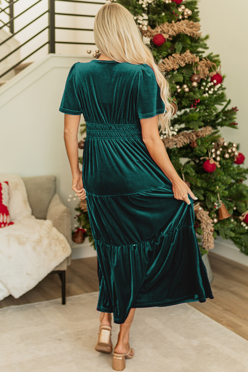 Evergreen Velvet Short Sleeve Shirred Waist Tiered Maxi Dress - Image 2