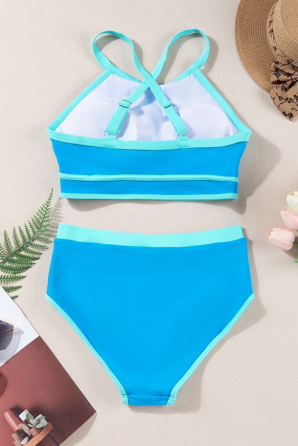 Blue Contrast Trim Crisscross Back High Waisted Bikini - Image 8