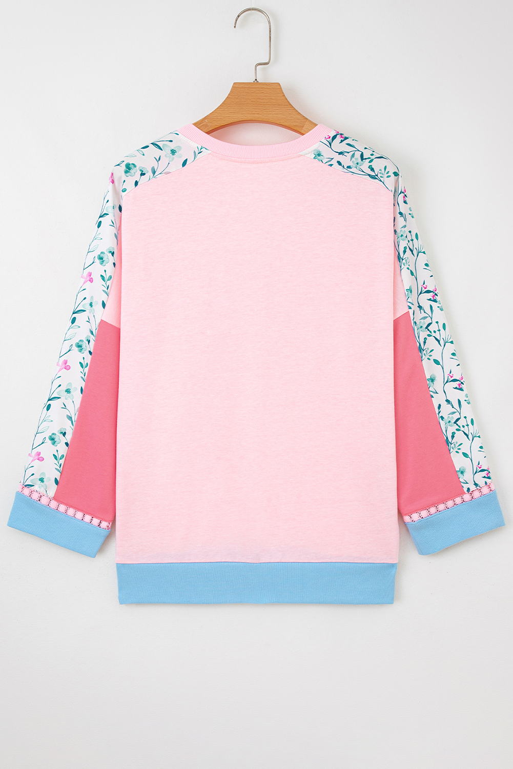 Light Pink Floral Colorblock Patchwork Chest Pocket Notched Neck Long Sleeve Top - Image 4