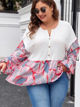 Apricot Plus Size Printed Patchwork Textured Buttoned Blouse