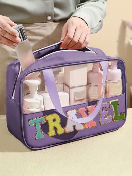 Purple TRAVEL Chenille Letter Clear PVC Makeup Bag