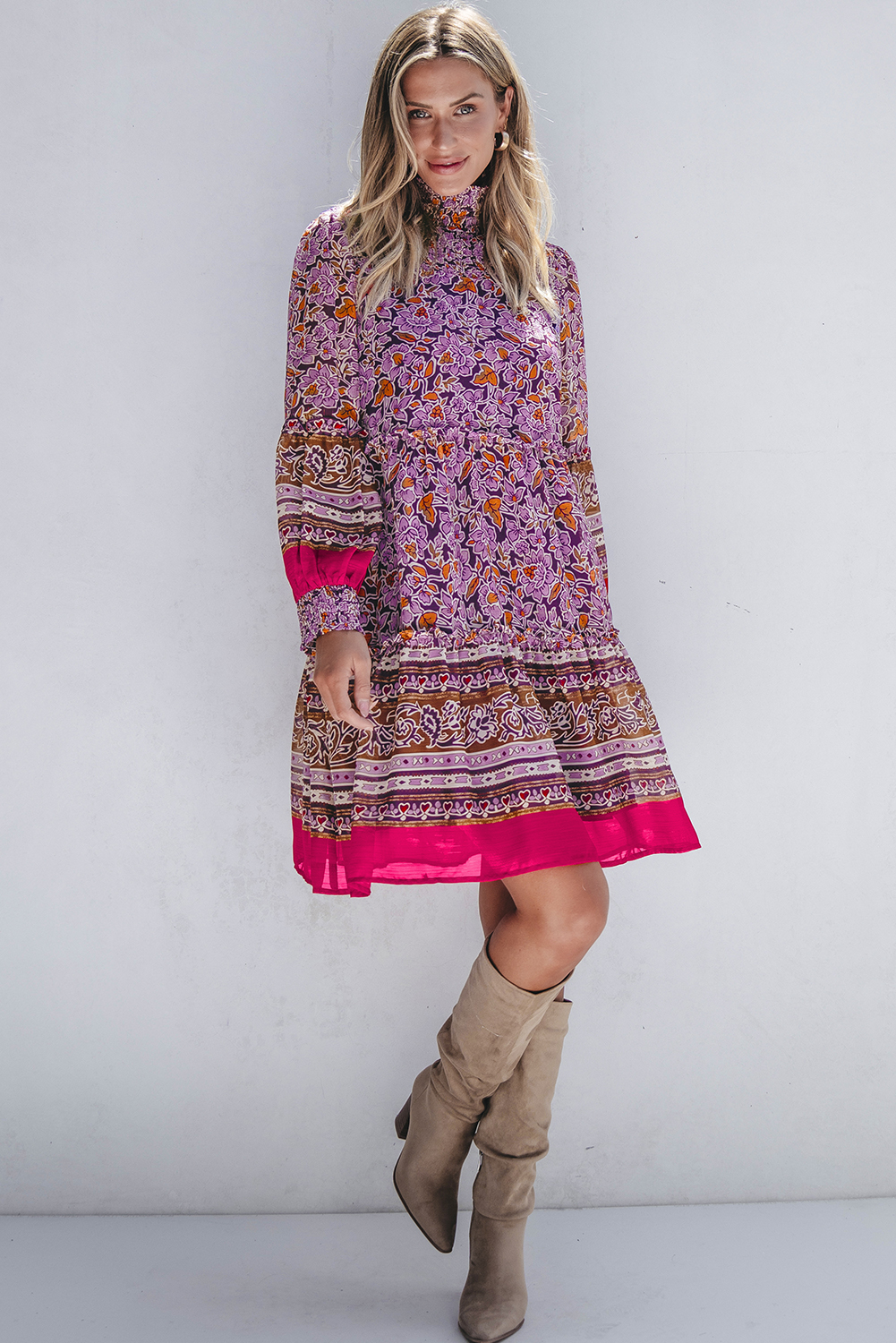Purple Floral Smocked Puff Sleeve High Neck Mini Dress - Image 5