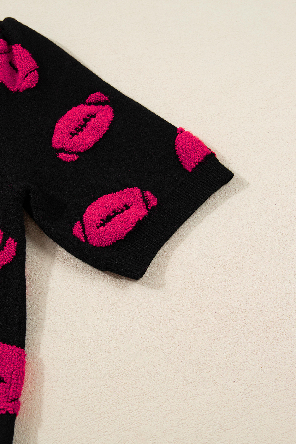 Black Rugby Print Casual Knit Short Sleeve Sweater - Image 7