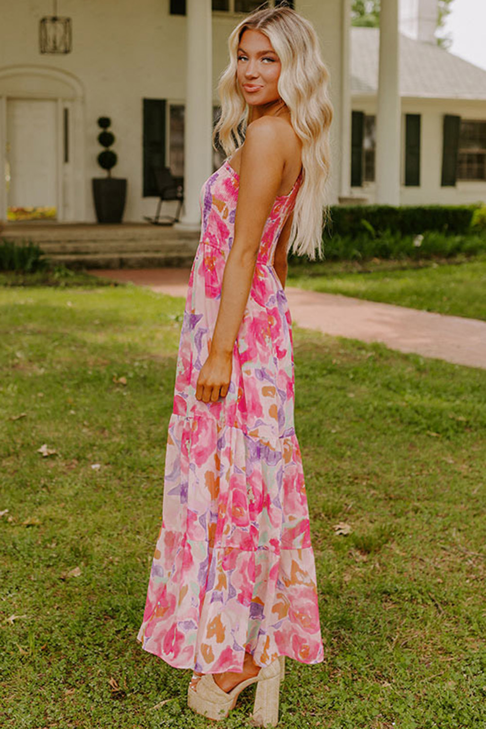 Pink Abstract Floral Print Shirred One Shoulder Maxi Dress - Image 3