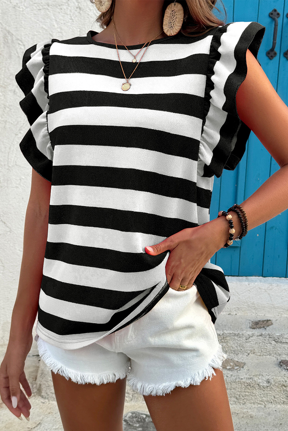 Black Stripe Flutter Sleeve Round Neck T Shirt - Image 3