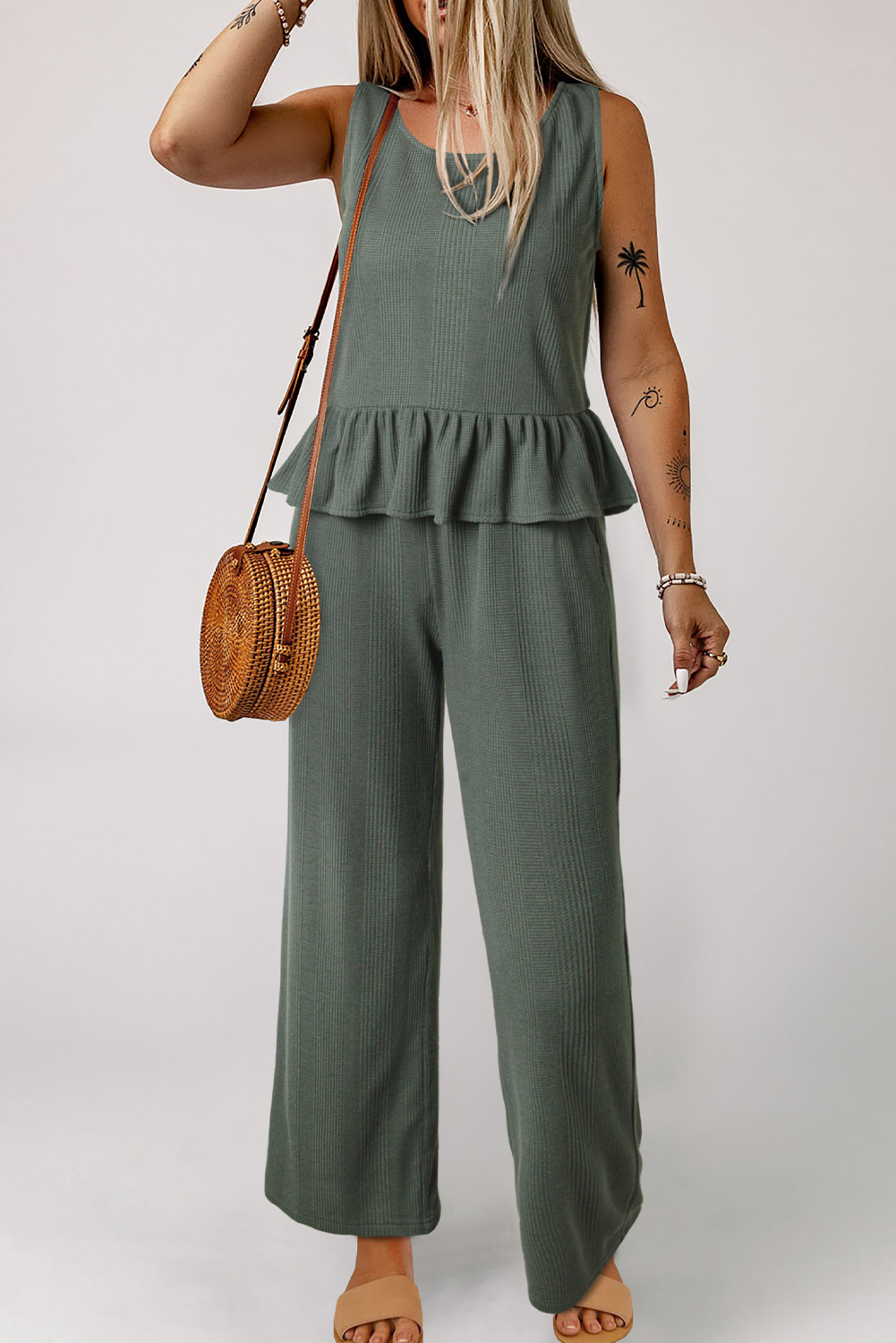 Duffel Green Solid Color Ribbed Ruffle Tank Top and Pants Set - Image 4