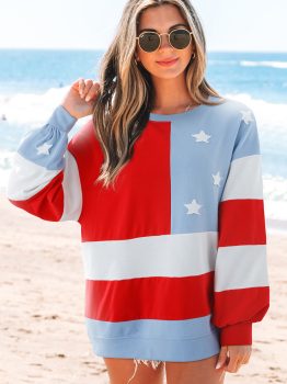 Multicolour American Flag Vintage Oversized Pullover Sweatshirt