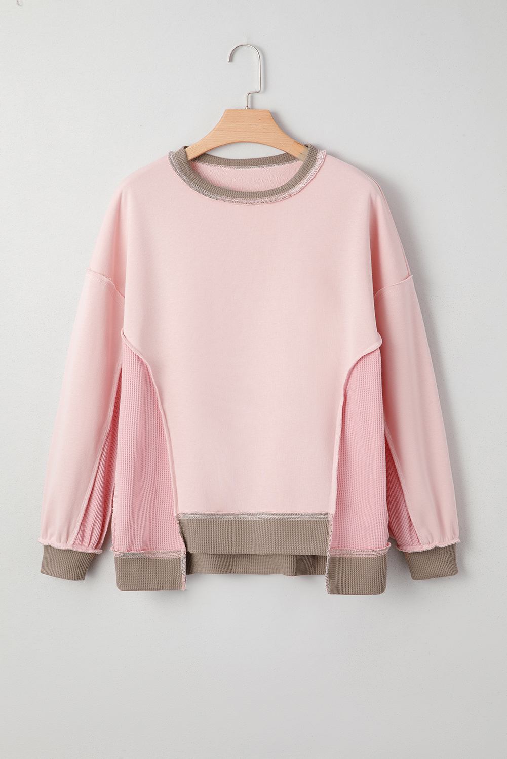 Light Pink Color Block Mix Texture Waffle Patchwork Oversize Sweatshirt - Image 3