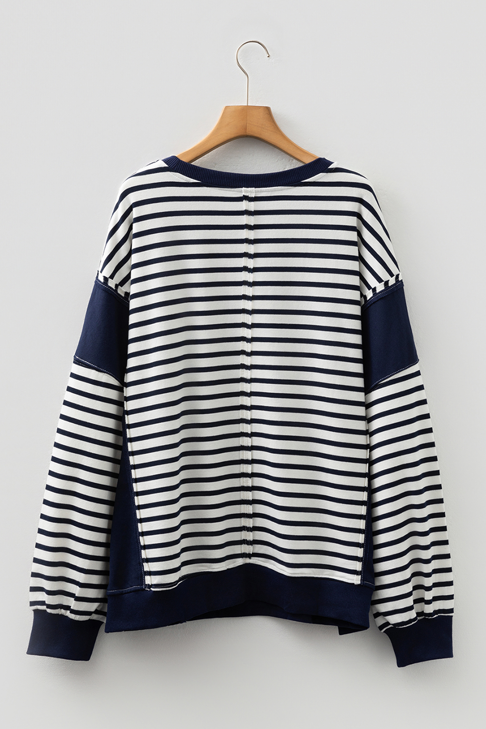 Blue Stripe Contrast Stitched Detail Color Block Patchwork Plus Size Sweatshirt - Image 8