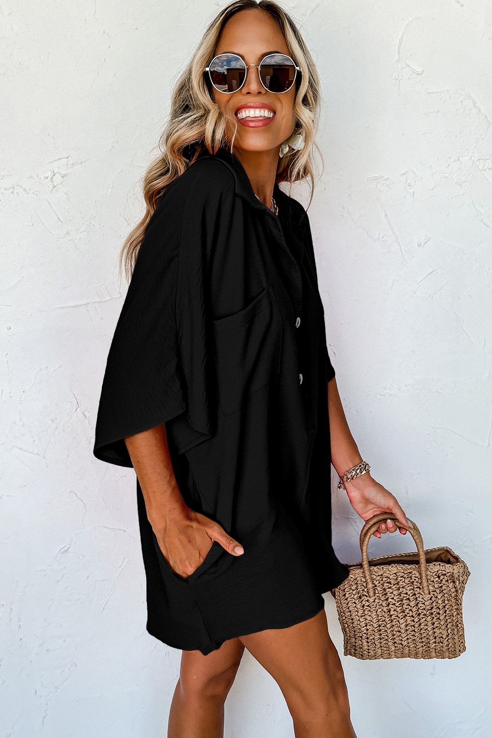 Black Half Button Collared Loose Romper - Image 3