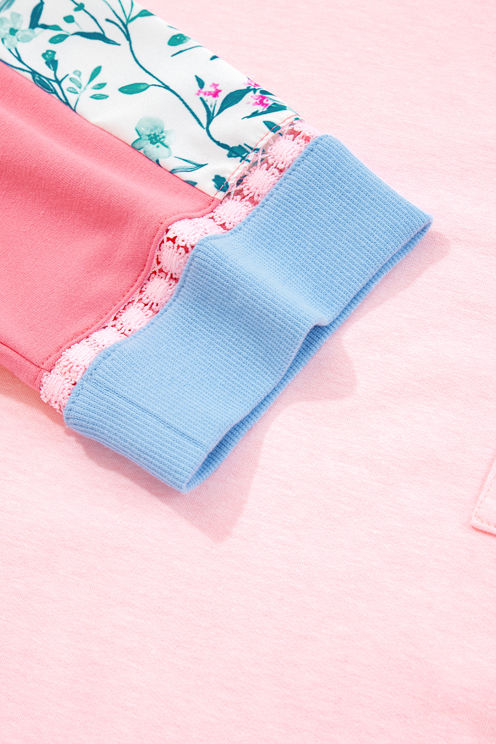 Light Pink Floral Colorblock Patchwork Chest Pocket Notched Neck Long Sleeve Top - Image 7