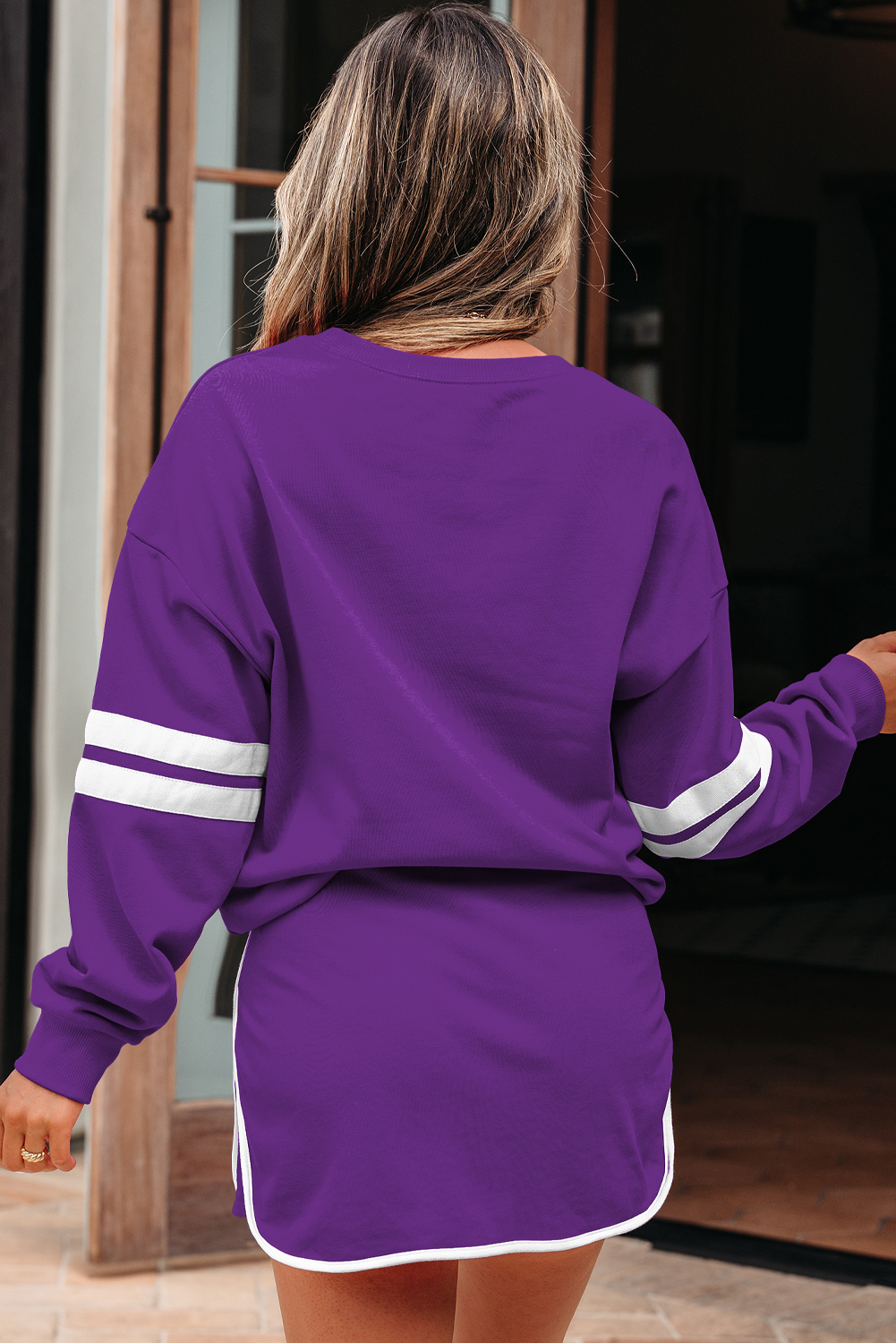 Tillandsia Purple Varsity Stripe Detail Drop Shoulder Pullover Mini Skirt Set - Image 2