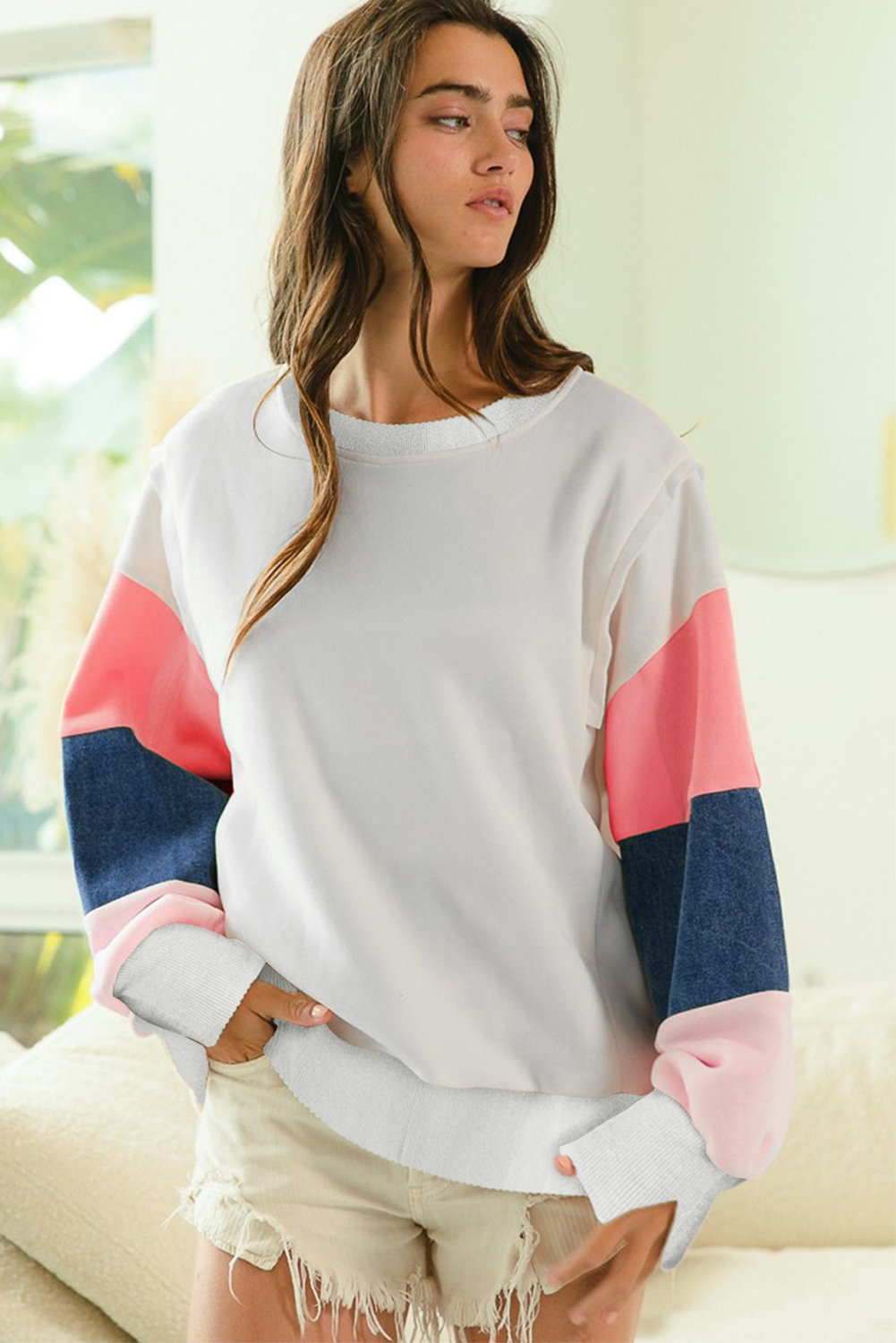 White French Terry Color Block Long Sleeve Top - Image 3