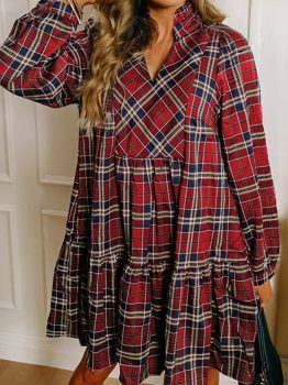 Red Plaid Print Frilly Collar Long Sleeve Shift Mini Dress