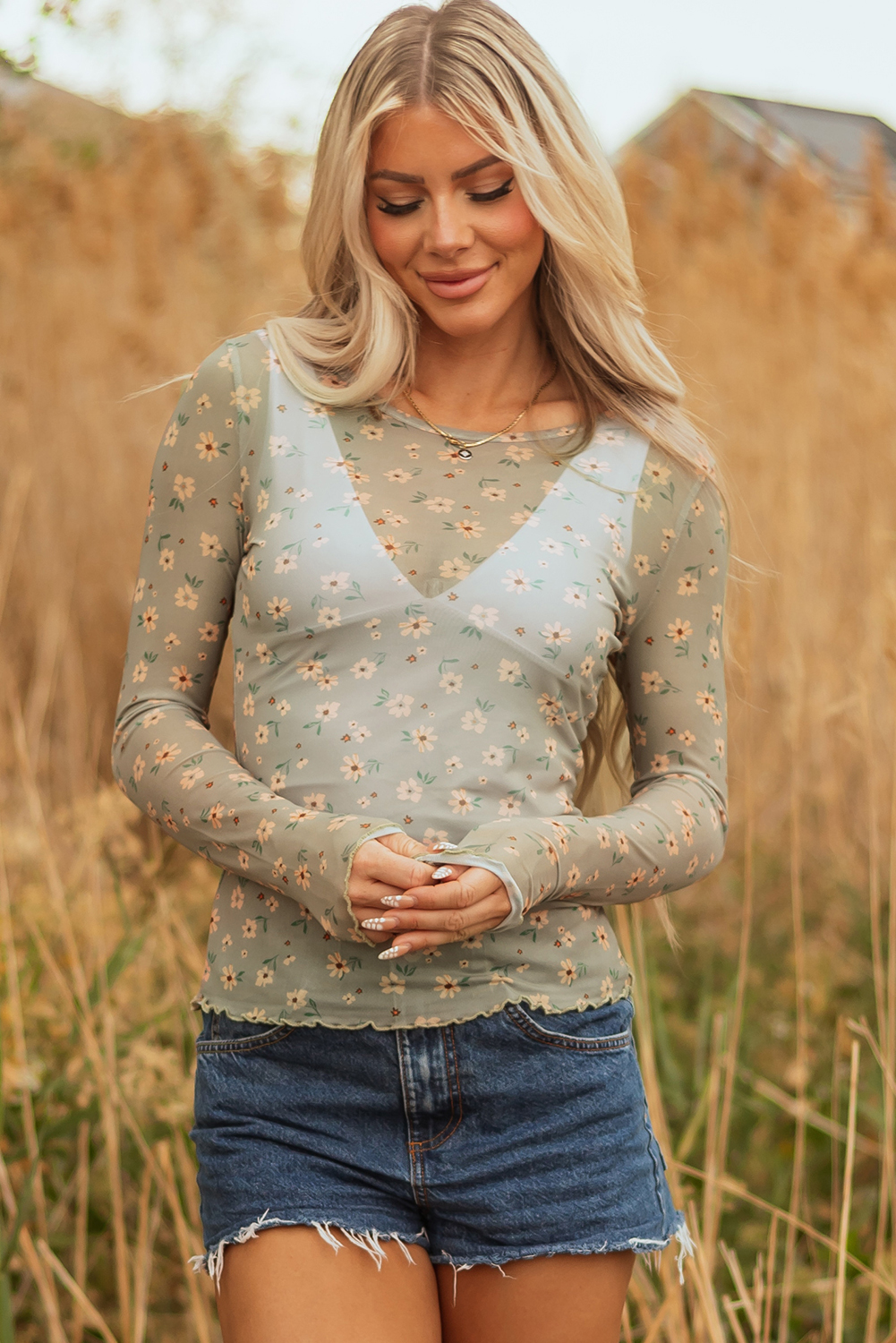 Laurel Green Vintage Floral Print Southern Style Mesh Long Sleeve Top - Image 5