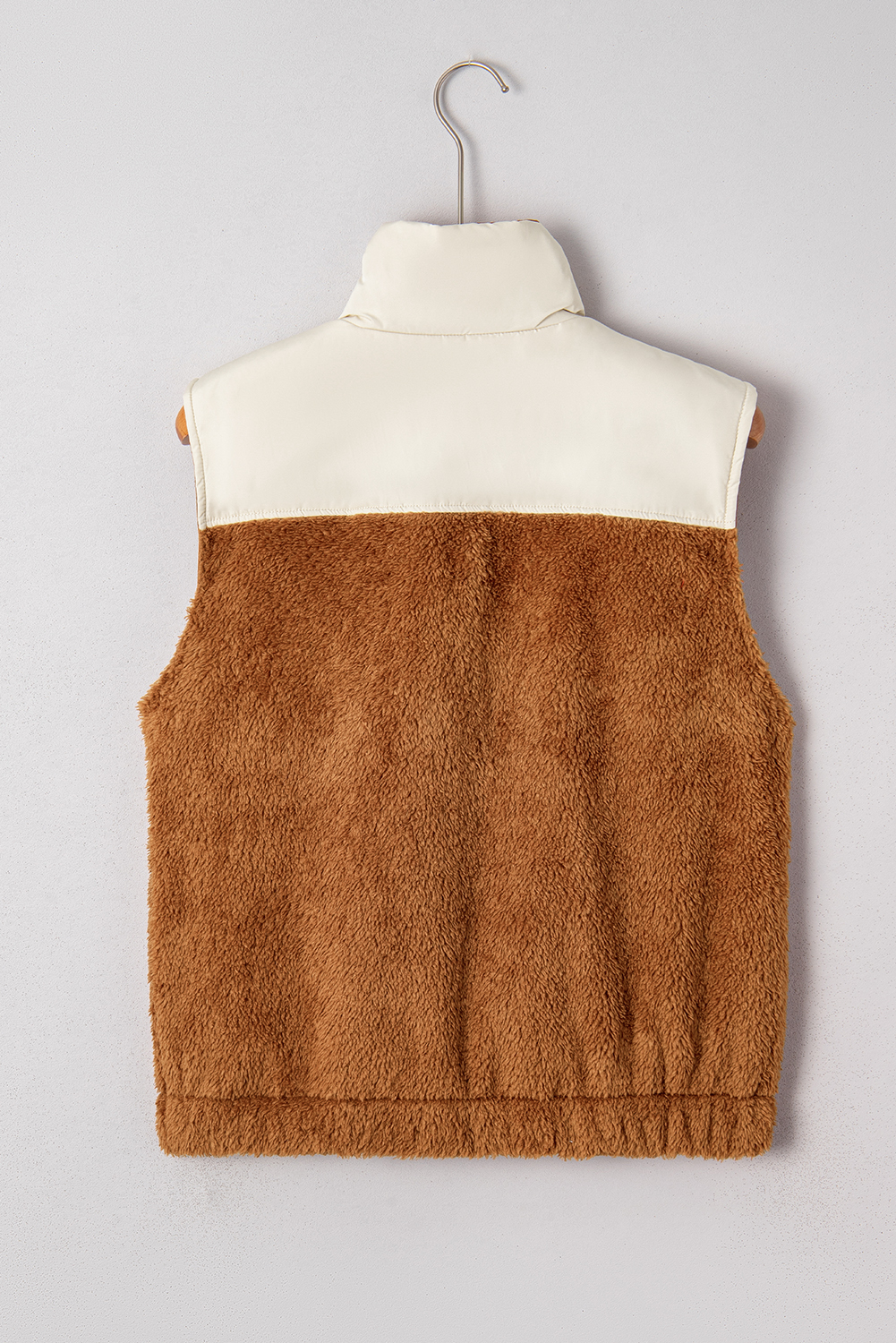 Chestnut Color Block Plush Patchwork Zipper Stand Neck Vest - Image 5