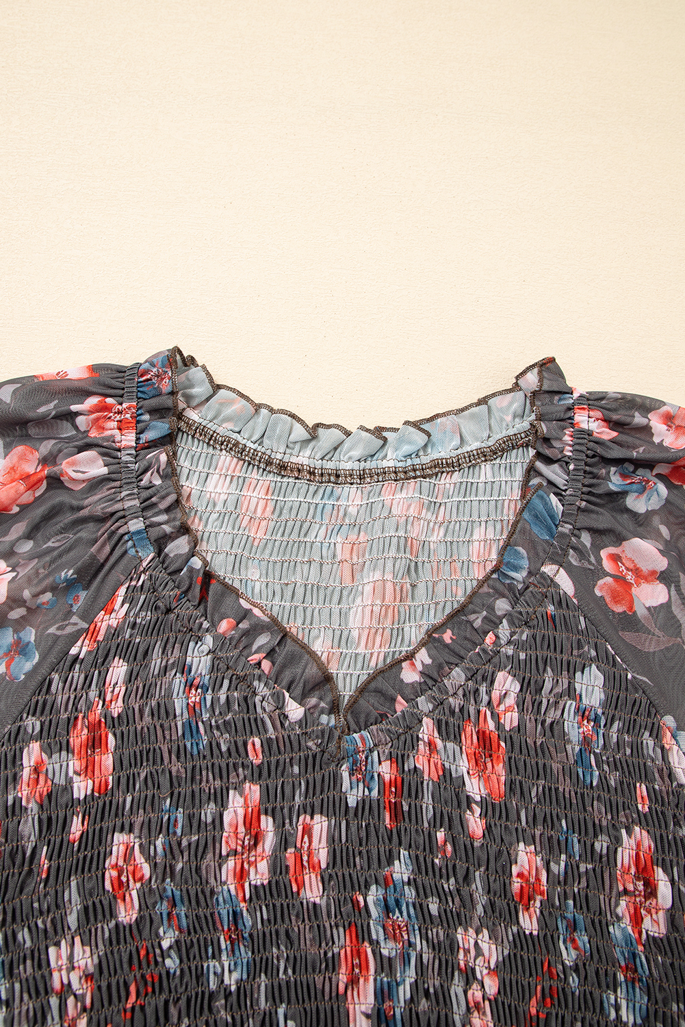 Brown Frilly Smocked Bodice Floral Mesh Long Sleeve Mini Dress - Image 6