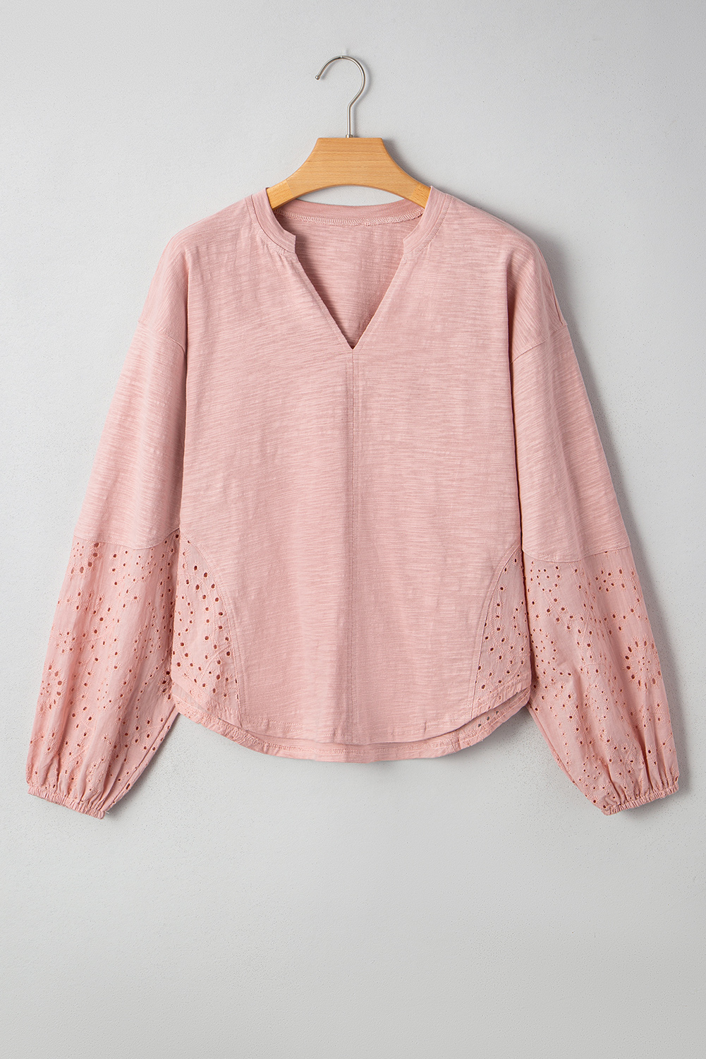 Light Pink Keyhole Notch V Neck Batwing Sleeve Blouse - Image 6