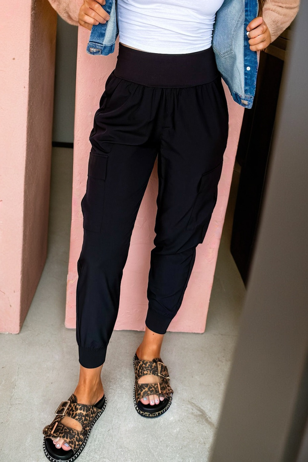 Black Elastic High Waist Pocketed Cargo Jogger Pants - Image 3