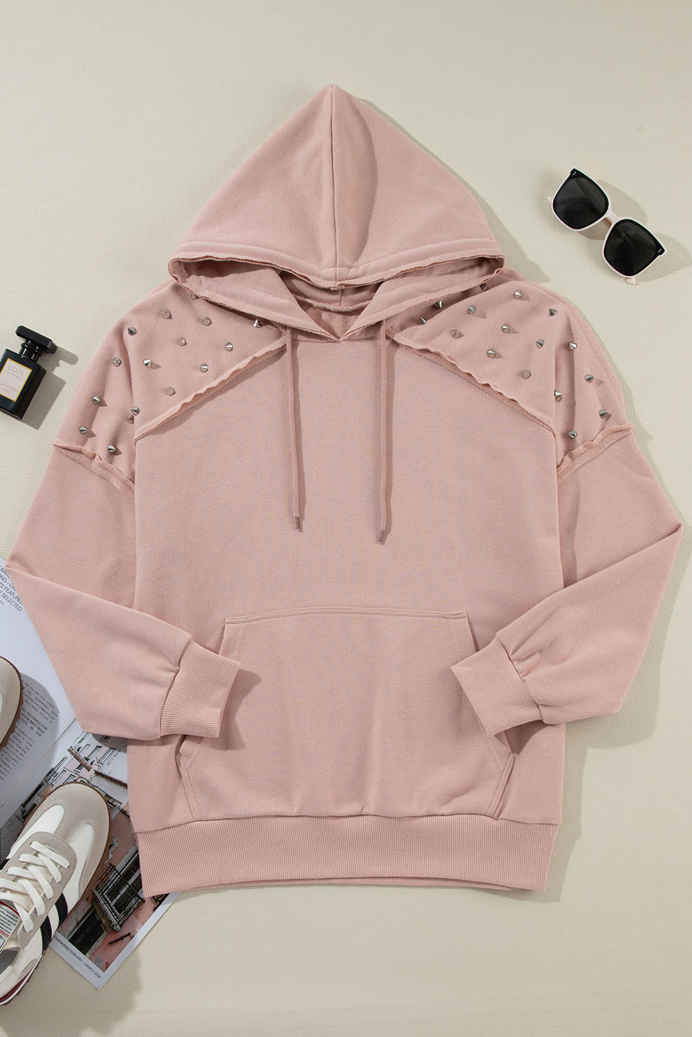 Fushia Solid Color Rivet Stud Raglan Sleeve Hoodie with Pocket - Image 7