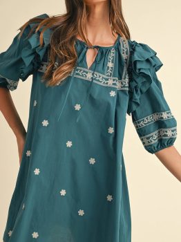 Skobeloff Boho Floral Ruffle Puff Sleeve Lace-up V Neck Mini Dress