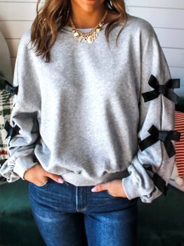 Light Grey Contrast Bow Applique Drop Sleeve Round Neck Sweatshirt