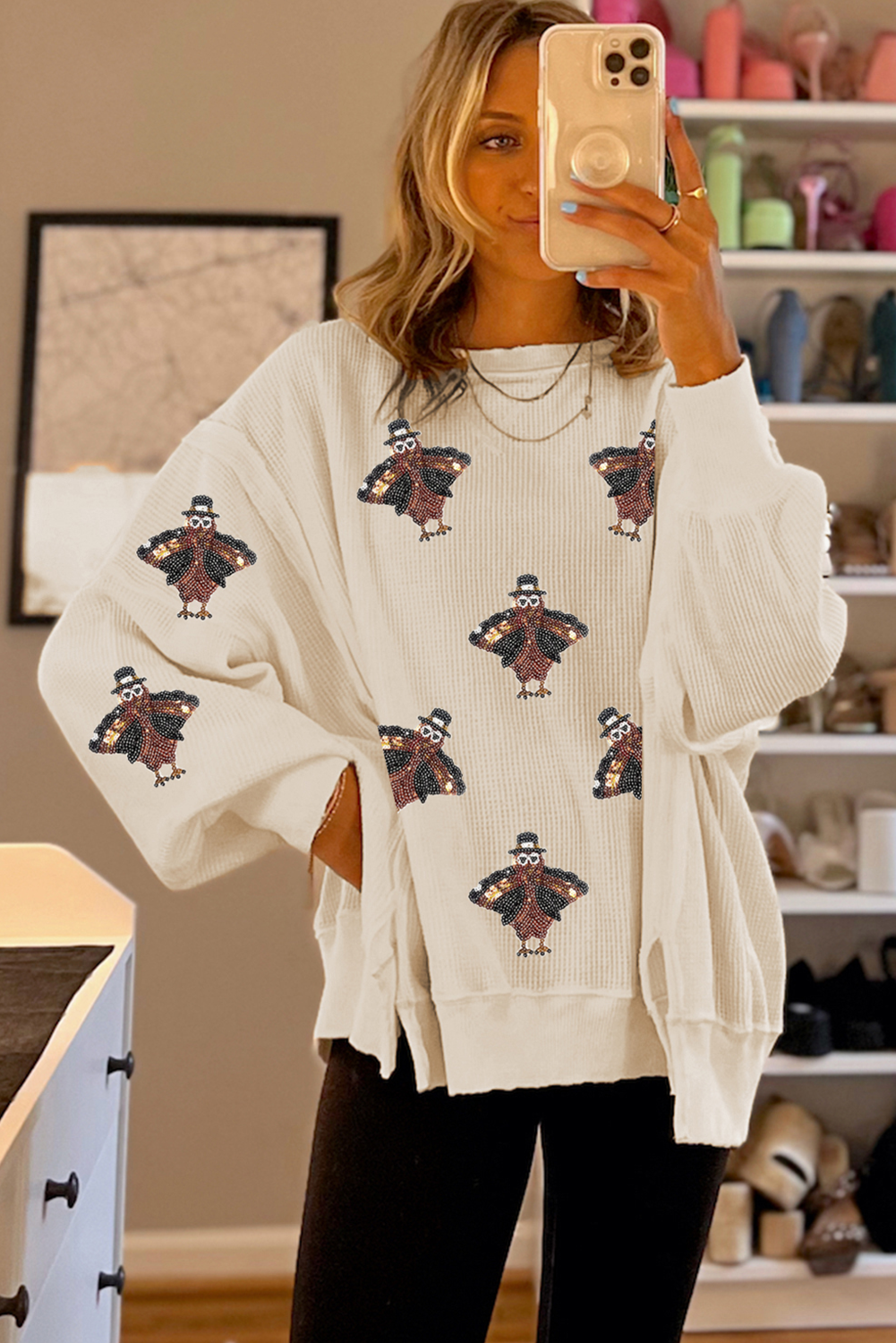 White Thanksgiving Turkey Waffle Oversized Knit Top - Image 4