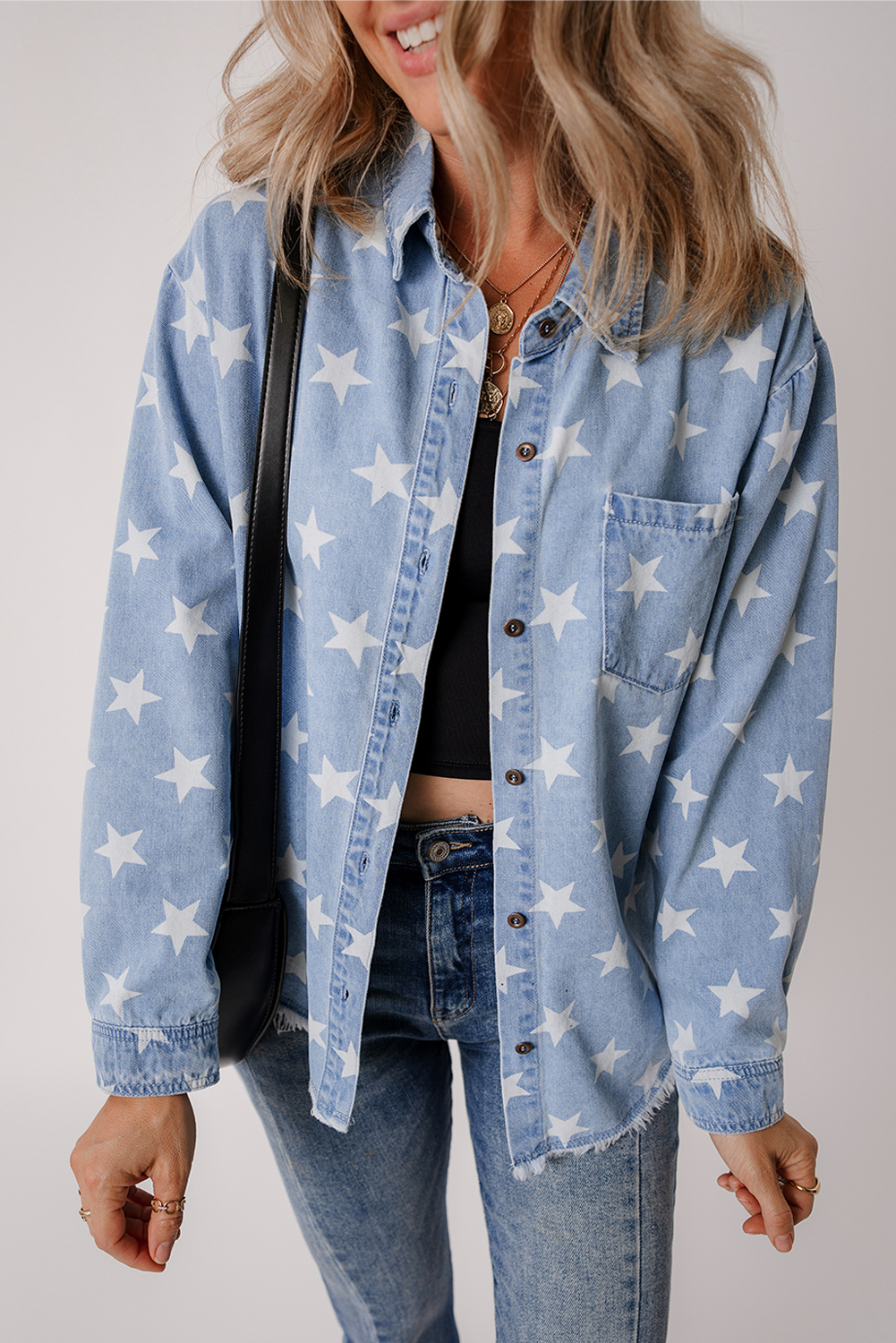 Sky Blue Star Print Light Wash Raw Hem Denim Jacket - Image 7