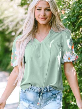 Clearly Aqua Floral Embroidered Puff Sleeve Split Neck Blouse