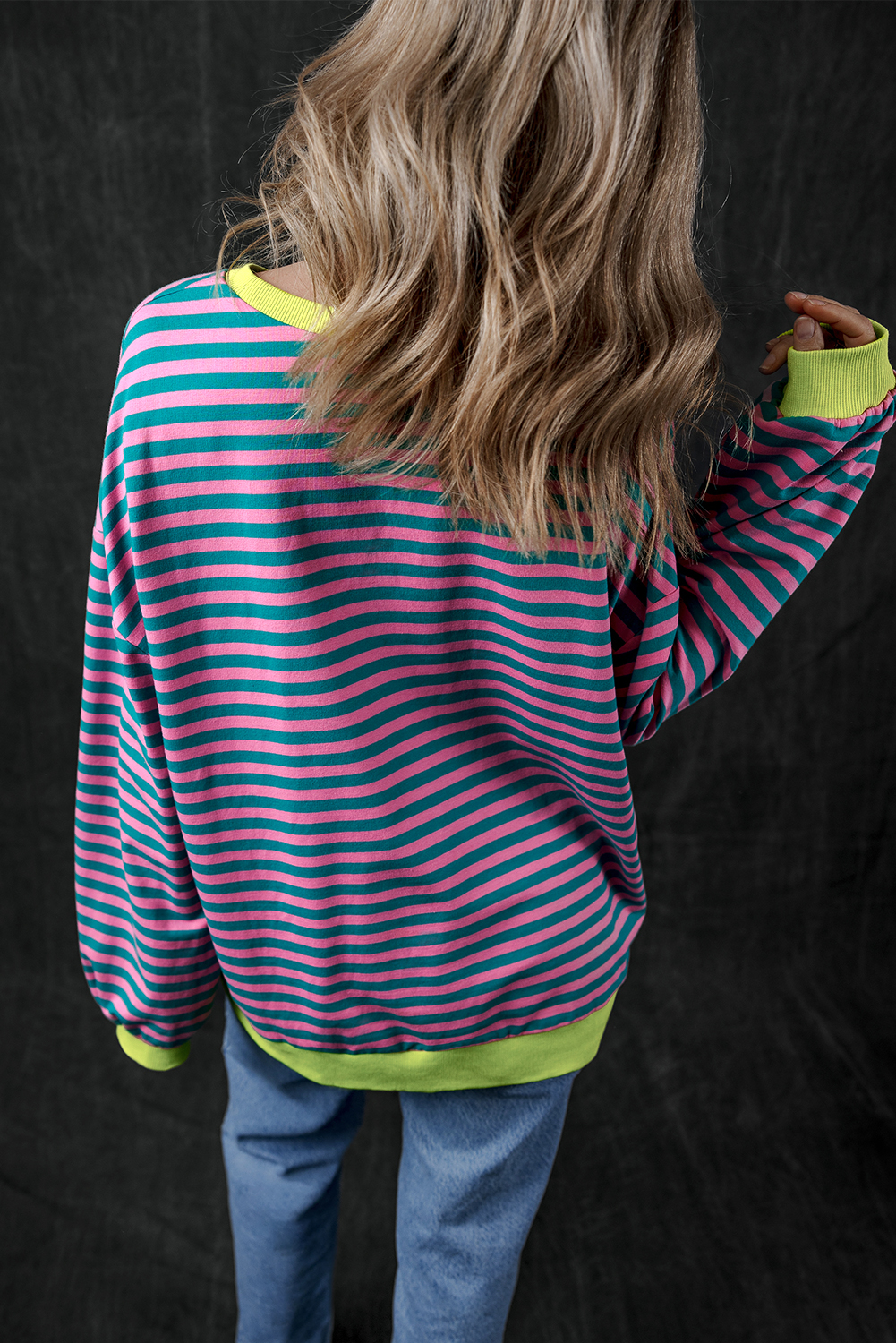 Green Stripe Oversized Contrast Trim Pullover Sweatshirt - Image 2