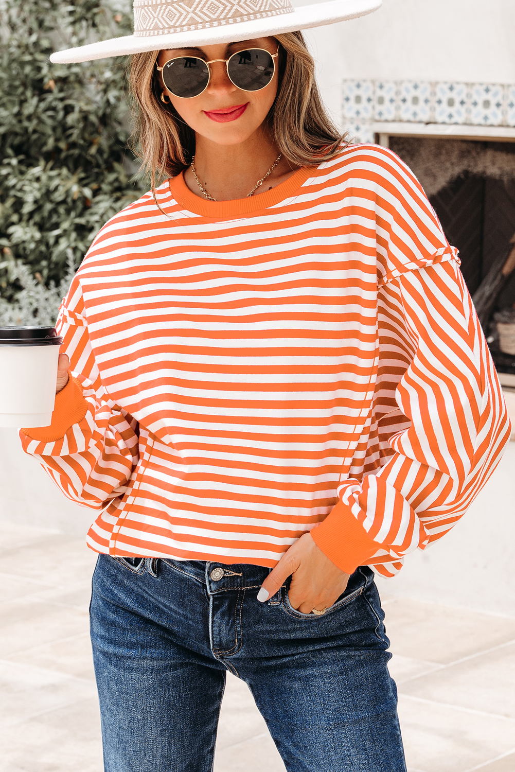Orange Stripe Exposed Seam Drop Shoulder Casual Pullover Top - Image 5