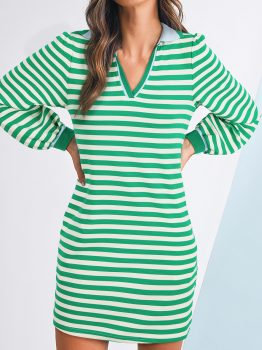 Green Striped Contrast Collar Split Neck Long Sleeve Mini Dress