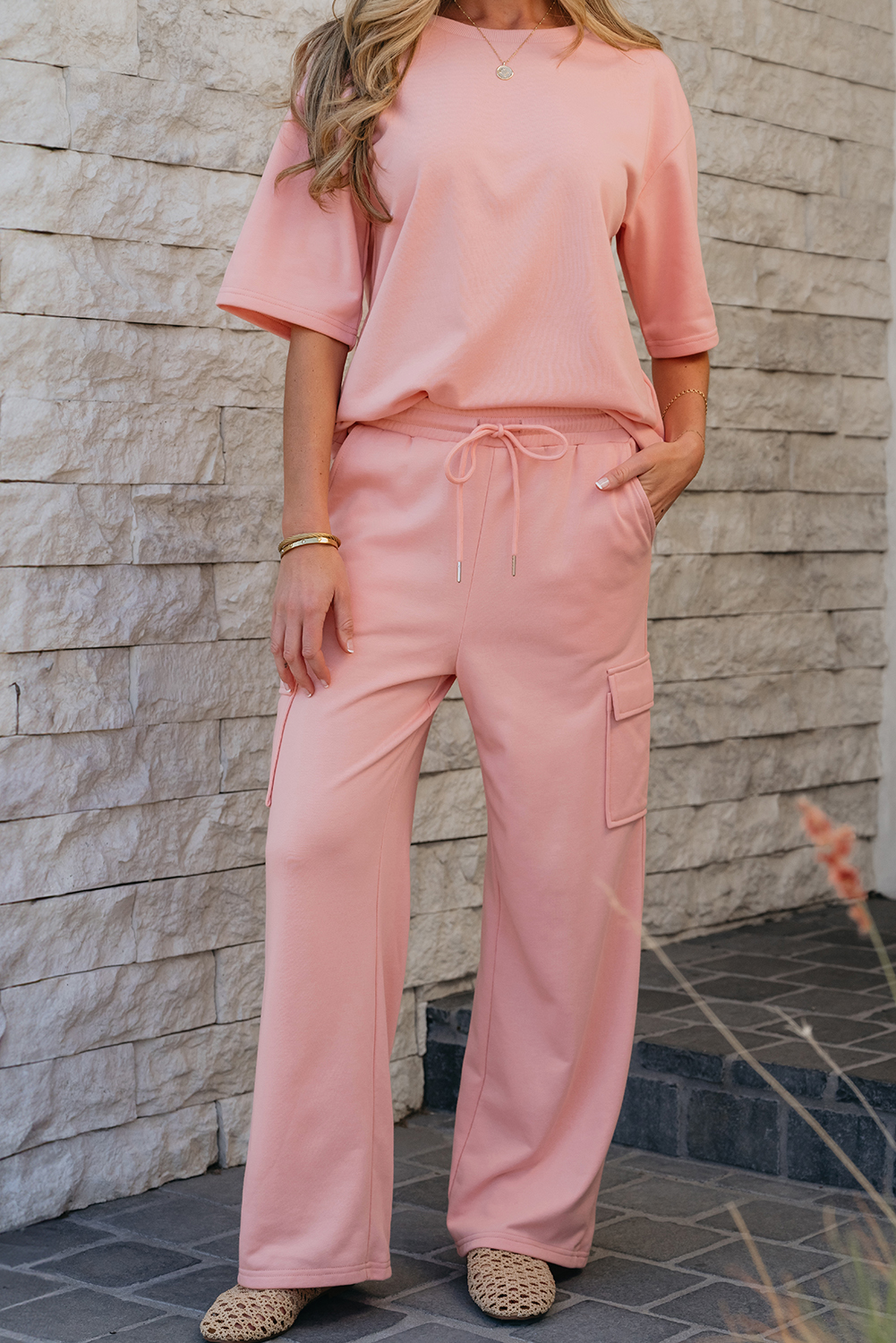 Apricot Pink Half Sleeve T-Shirt & Cargo Sweatpants Set - Image 6