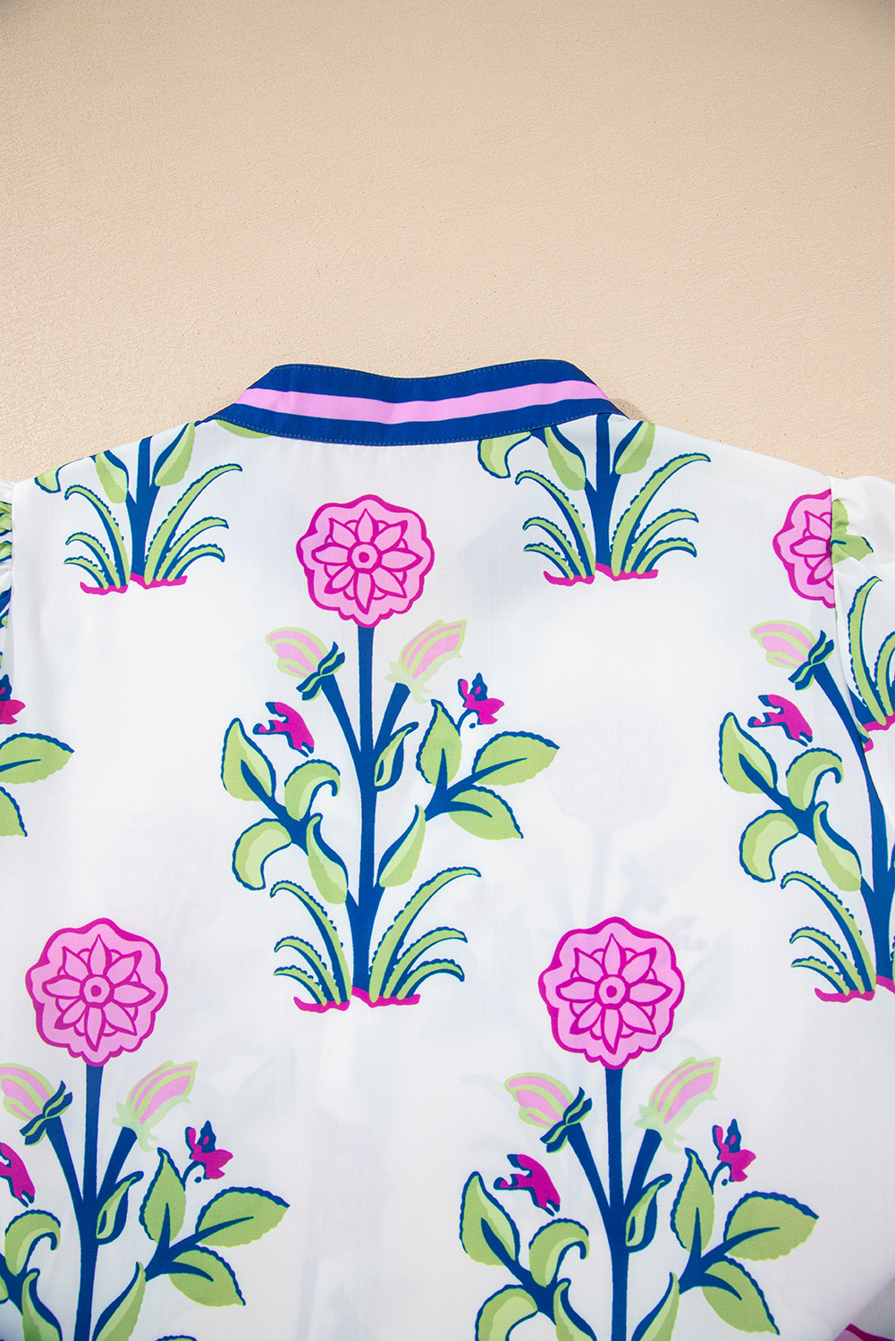 White Floral Print Contrast Striped Trim Notched Neck Long Sleeve Dress - Image 8