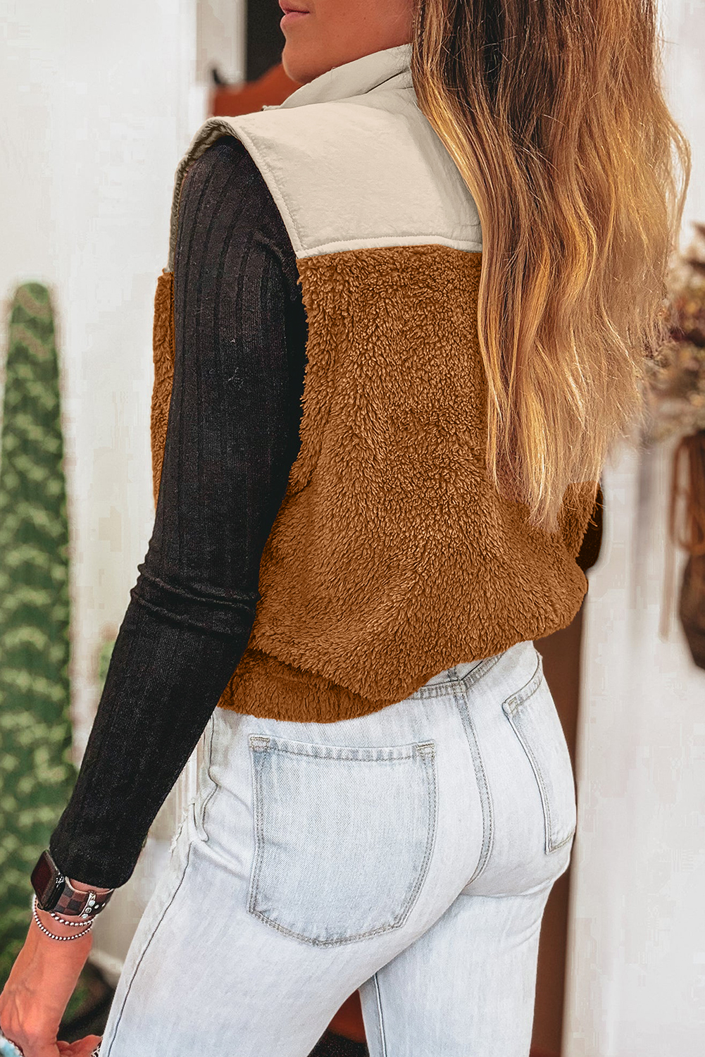 Chestnut Color Block Plush Patchwork Zipper Stand Neck Vest - Image 2