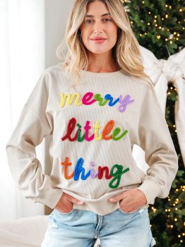 Beige merry little thing Corded Letter Graphic Ribbed Loose Sweatshirt